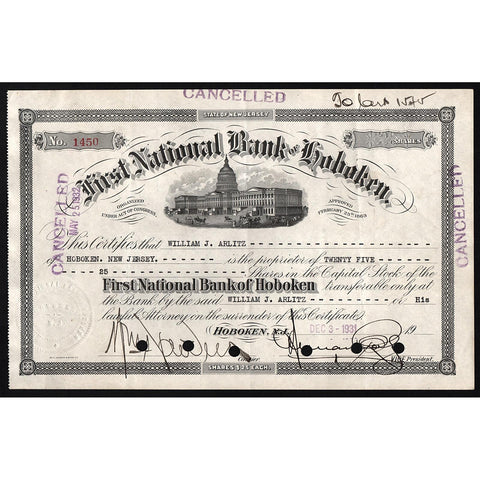 First National Bank of Hoboken New Jersey Stock Certificate