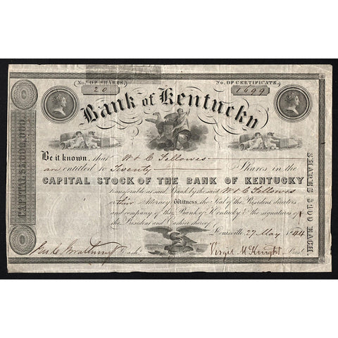 Bank of Kentucky 1844 Stock Certificate