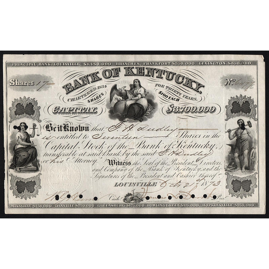 Bank of Kentucky 1873 Louisville Stock Certificate
