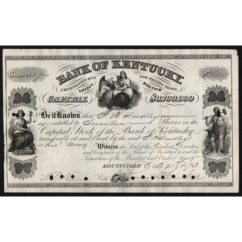 Bank of Kentucky 1873 Louisville Stock Certificate