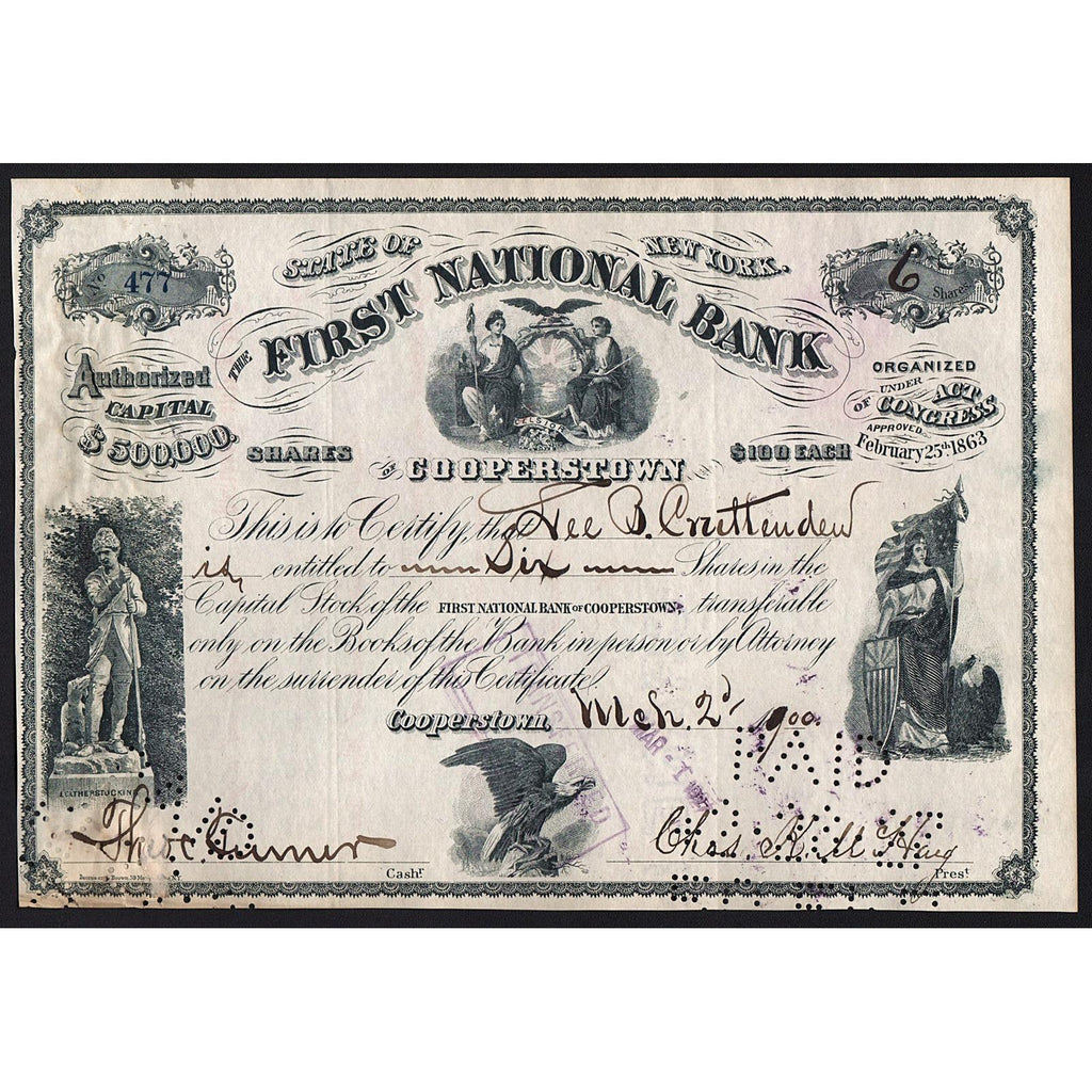 First National Bank of Cooperstown 1900 New York Stock Certificate