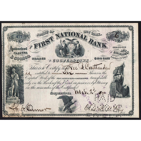 First National Bank of Cooperstown 1900 New York Stock Certificate