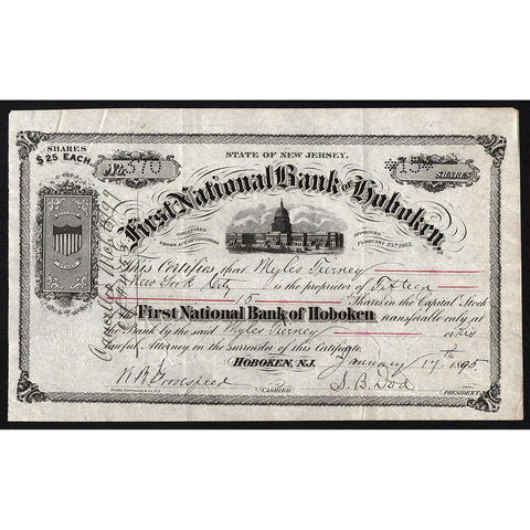 First National Bank of Hoboken 1895 New Jersey Stock Certificate