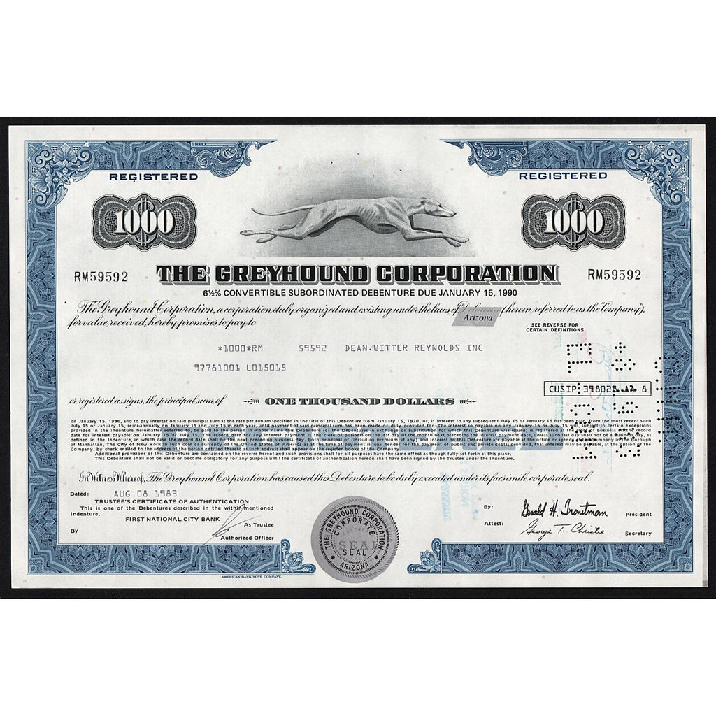 The Greyhound Corporation Bus Lines Stock Bond Certificate