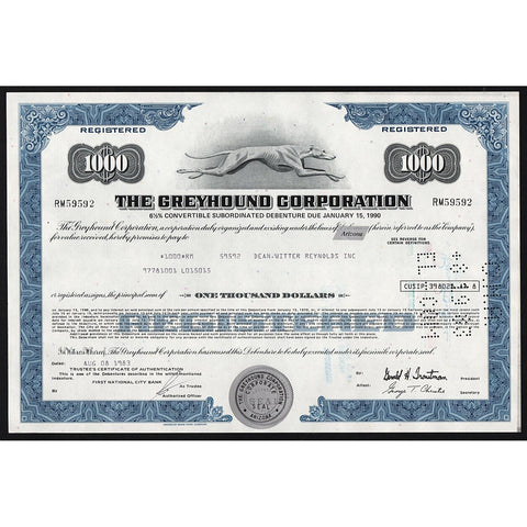 The Greyhound Corporation Bus Lines Stock Bond Certificate