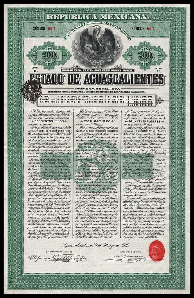 Bonos del Gobierno del Estado de Aguascalientes 1910 Mexico Republica Mexicana