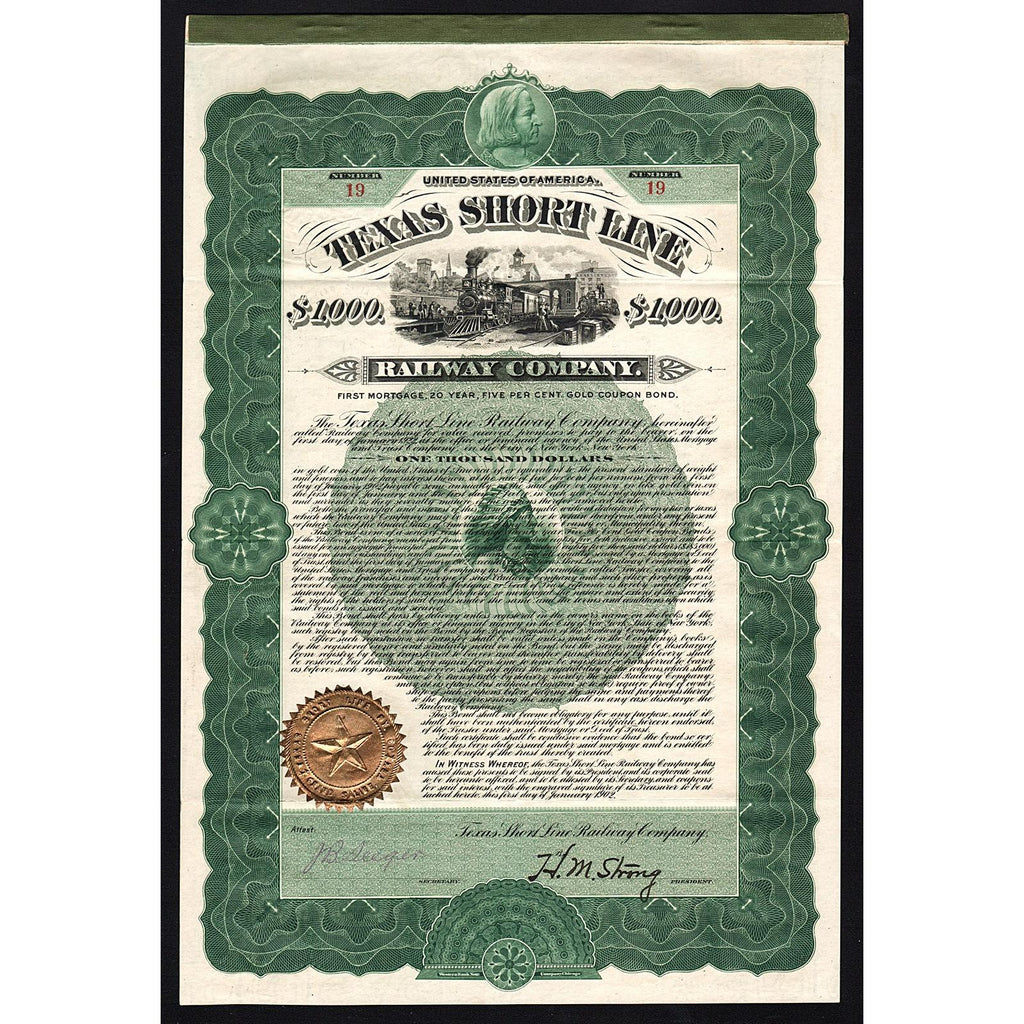 Vintage bond certificate for the Texas Short Line Railway Compan