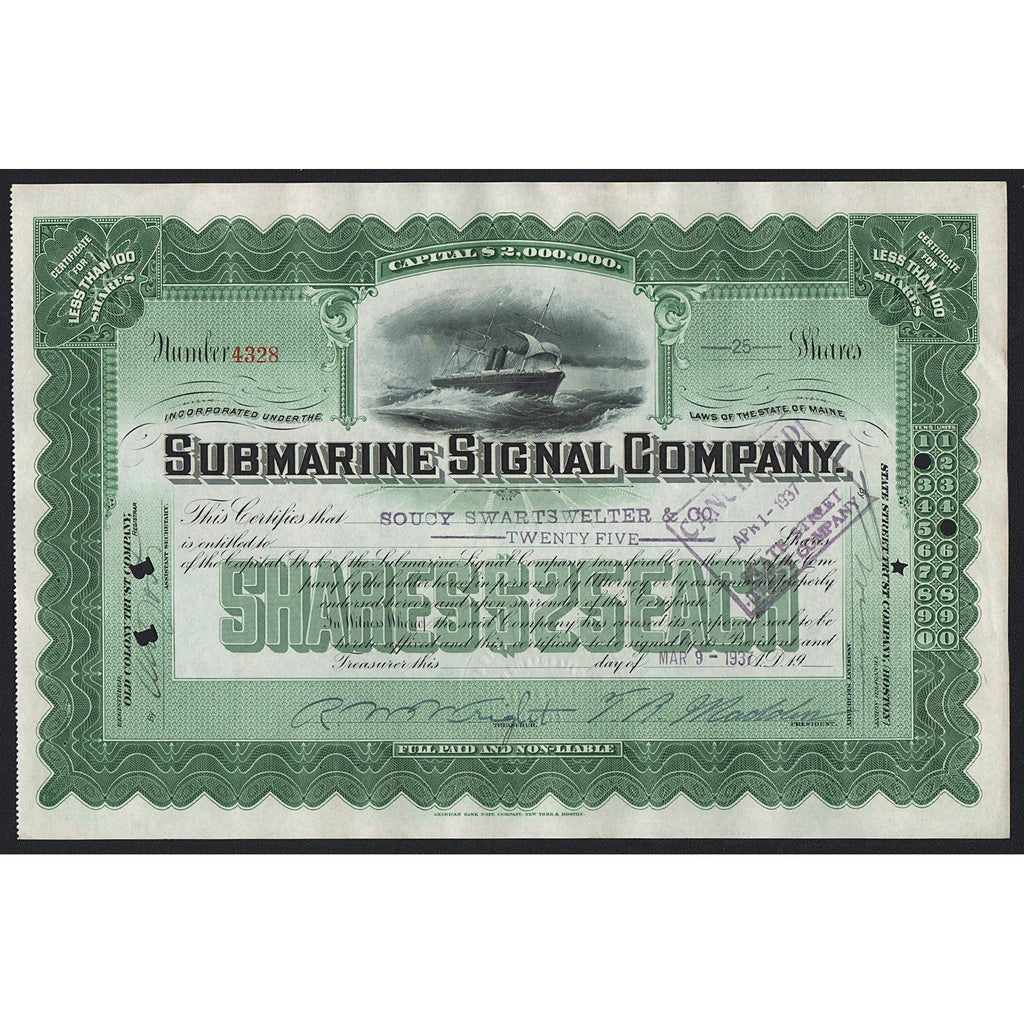 Submarine Signal Company 1937 Maine Stock Certificate
