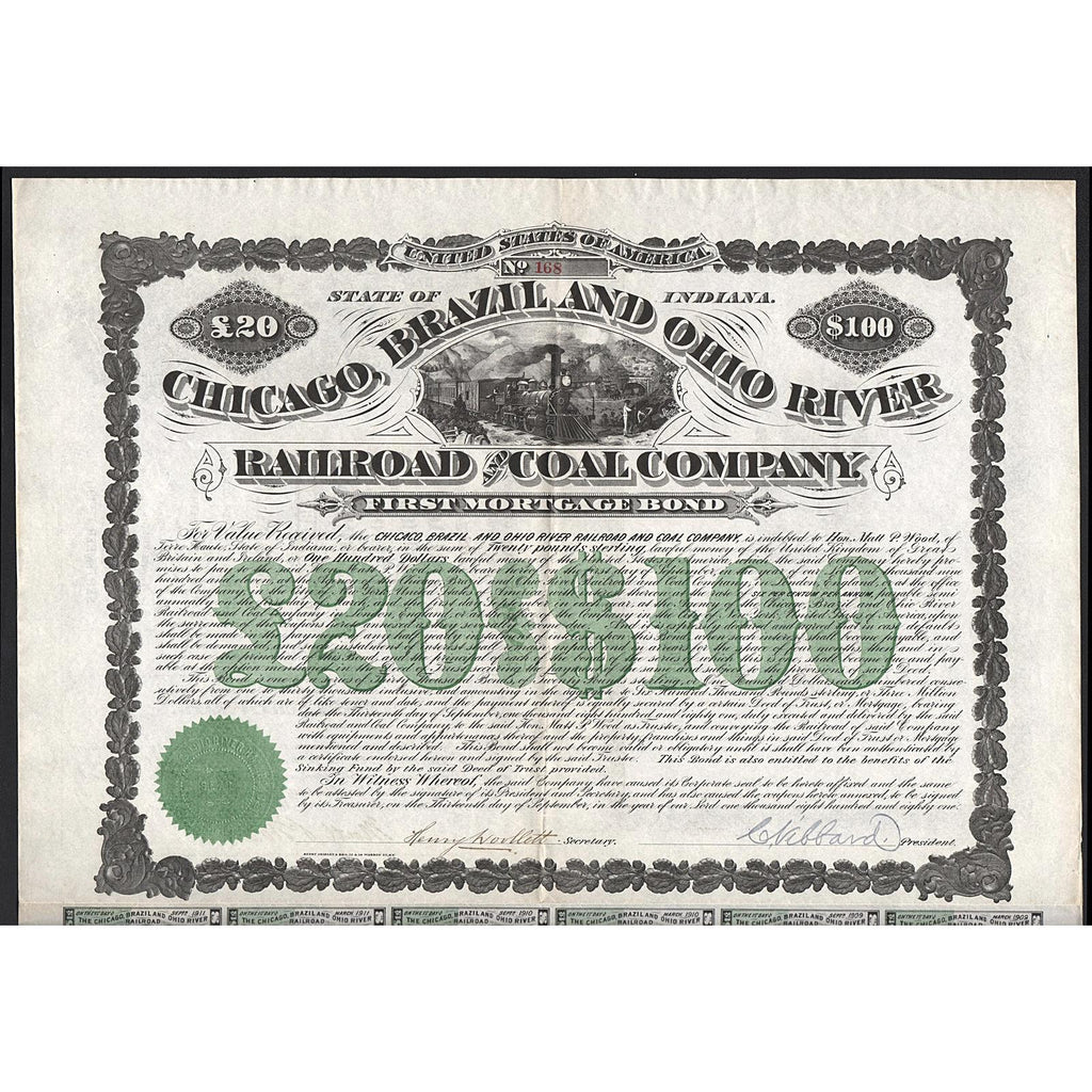 Chicago, Brazil and Ohio River Railroad and Coal Company 1881 Bond