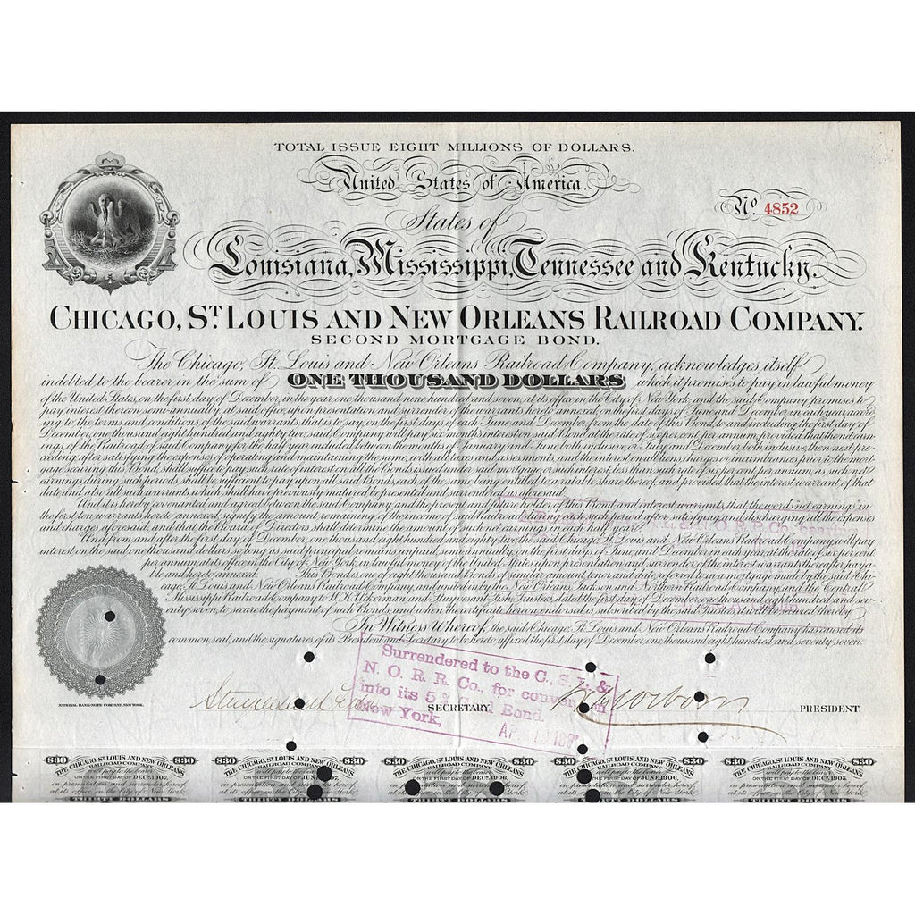 Chicago, St. Louis and New Orleans Railroad Company 1877 Bond
