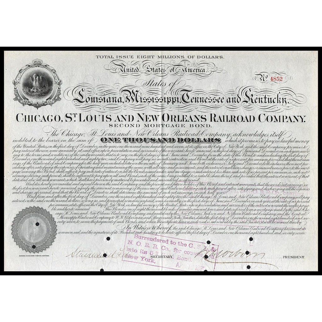 Chicago, St. Louis and New Orleans Railroad Company 1877 Bond Certificate