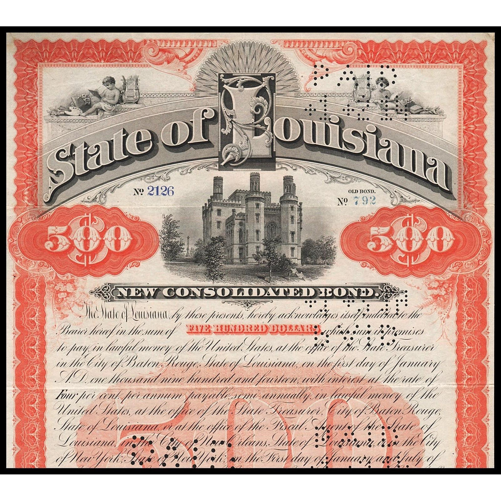 State of Louisiana $500 Bond Certificate