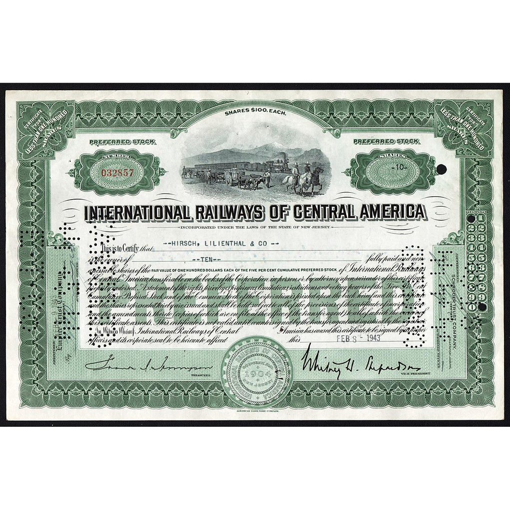 International Railways of Central America (Guatemala & El Salvador) Stock Certiicate
