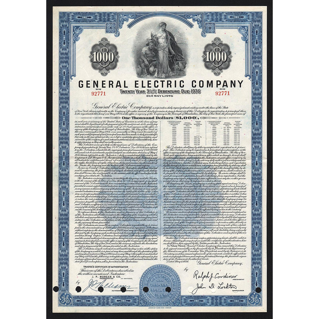 General Electric Company New York $1000 Bond Certificate