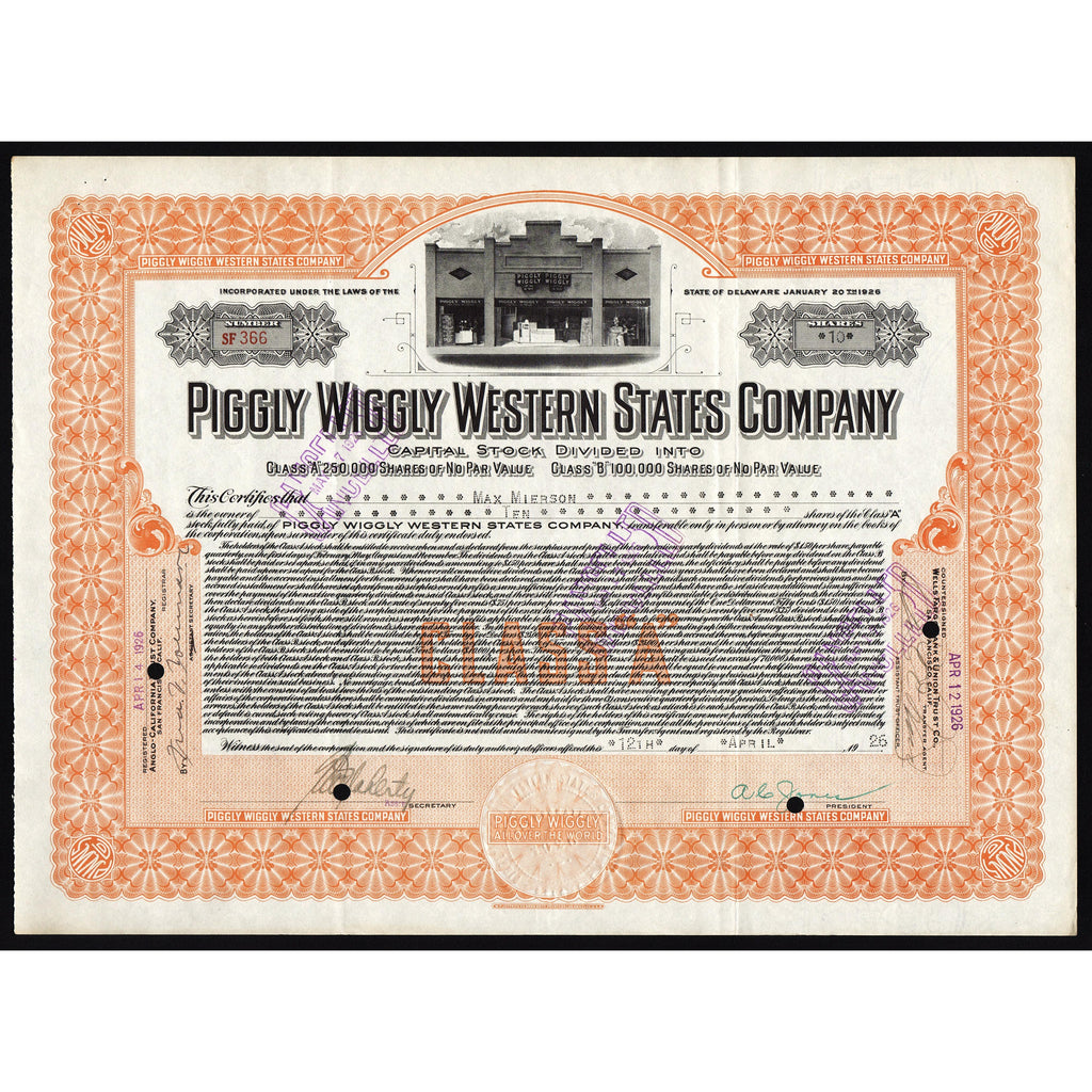 Piggly Wiggly Western States Company 1926 Stock Certificate