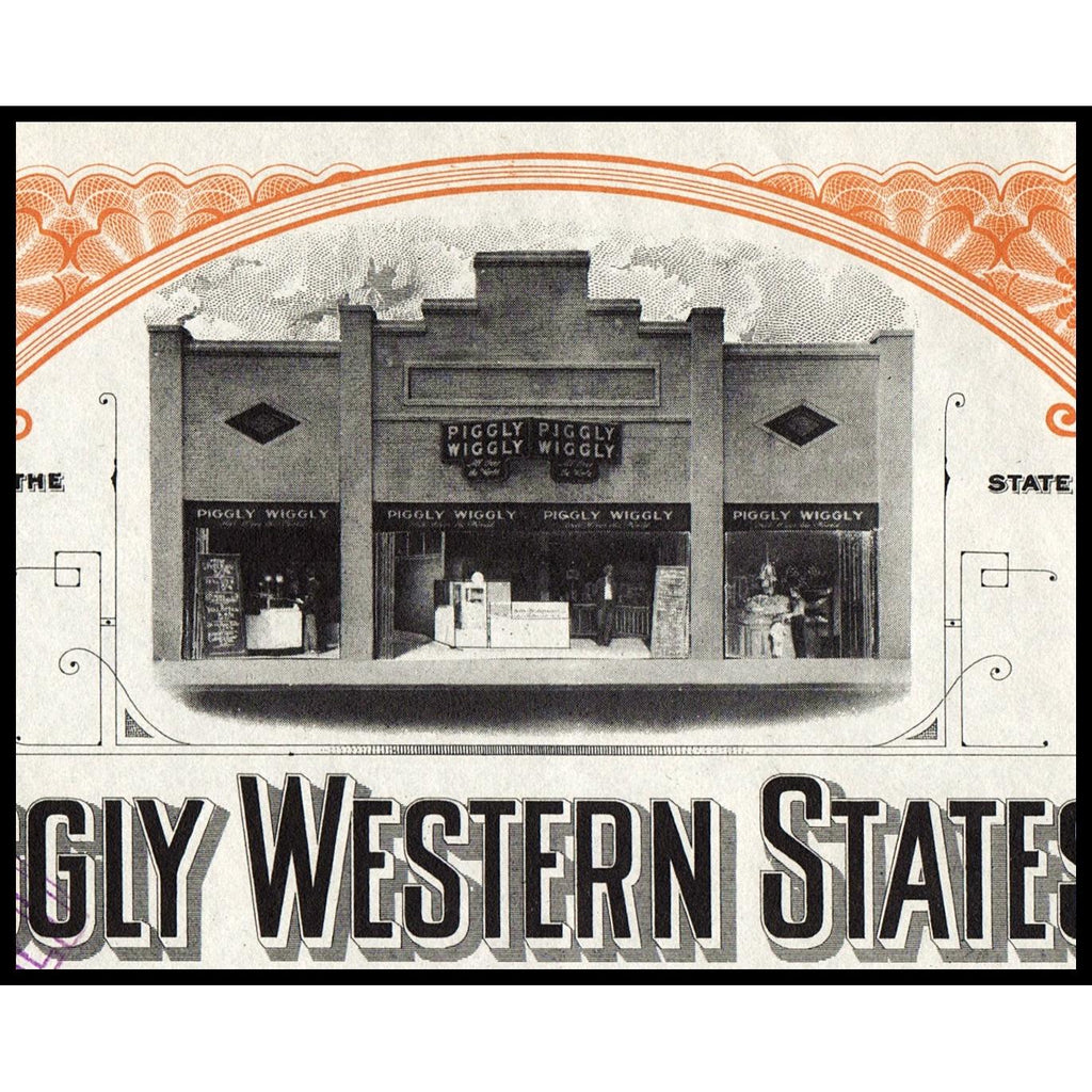 Vintage-style illustration of a store front with 'Piggly Wiggly' branding.