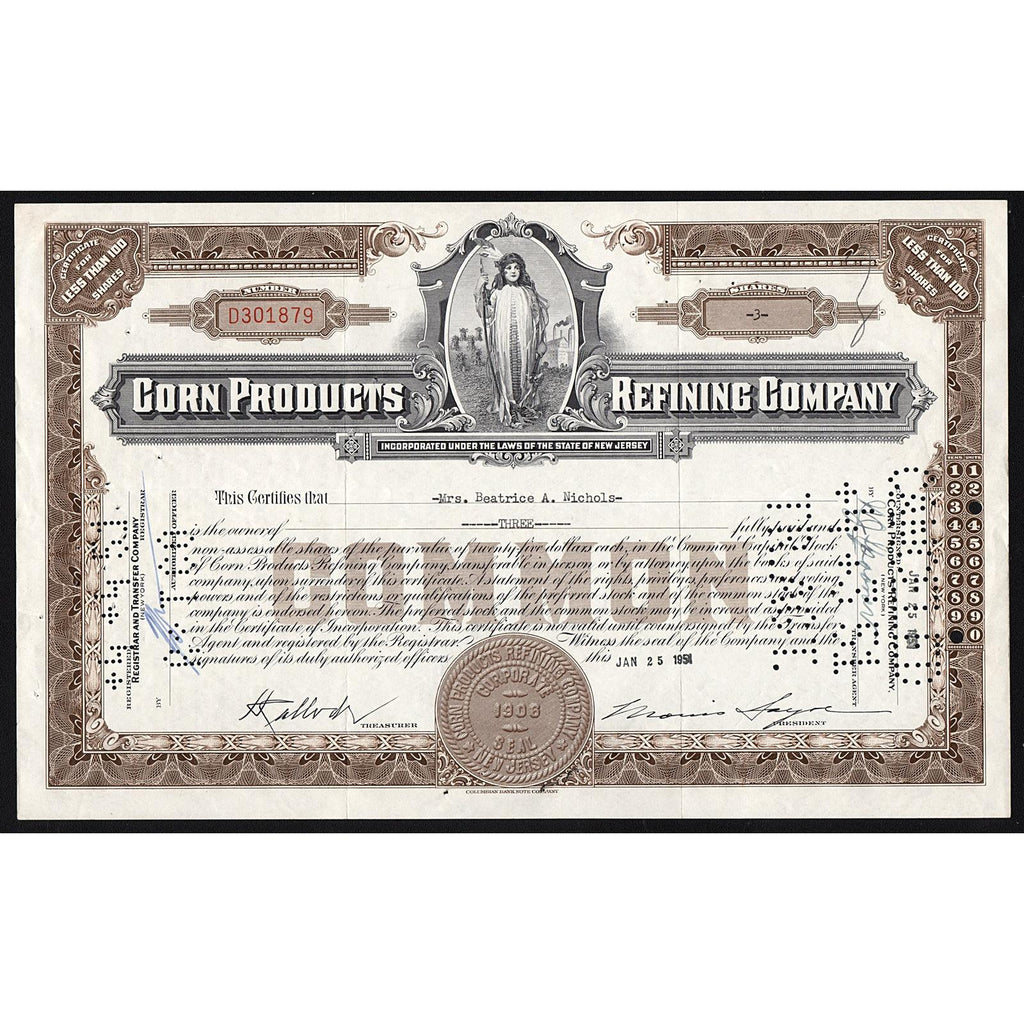 Corn Products Refining Company Stock Certificate