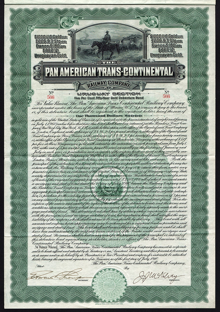 The Pan American Trans-Continental Railway Company 1910 Uruguay Gold Bond Certificate