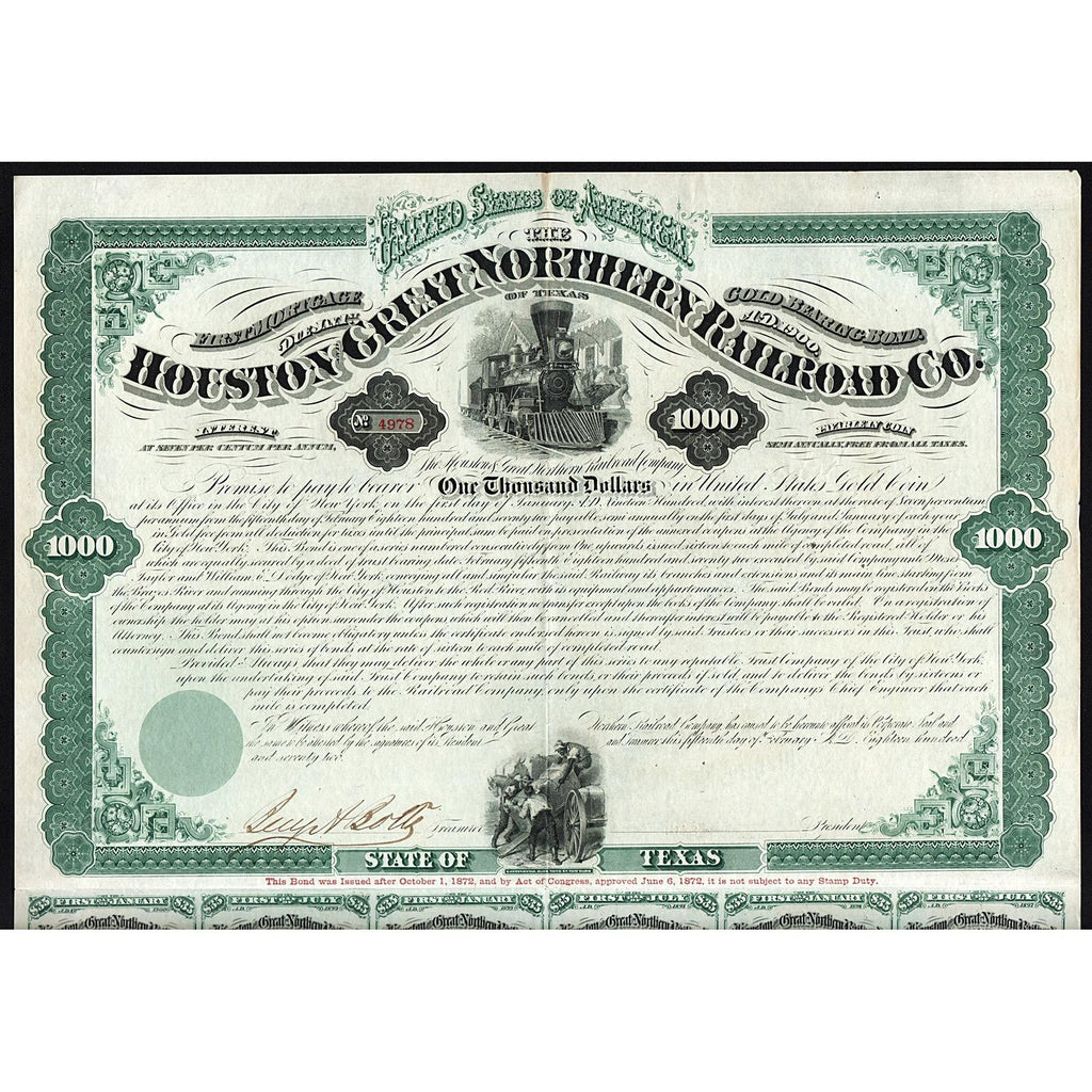 Historical bond certificate of the Houston and Texas Central Railroad Company
