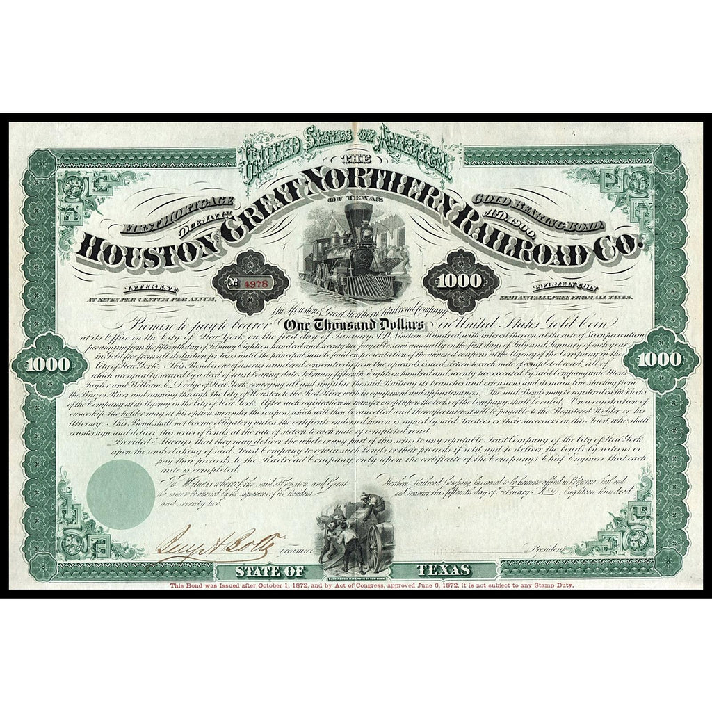 Houston and Great Northern Railroad Co. of Texas 1872 Bond Certificate