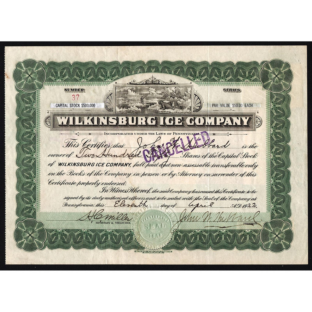 Wilkinsburg Ice Company 1922 Pennsylvania Stock Certificate