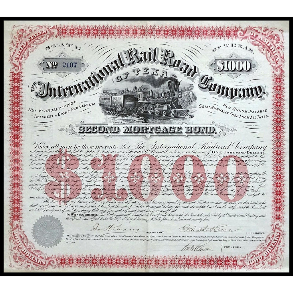 The International Rail Road Company of Texas 1874 Bond Certificate