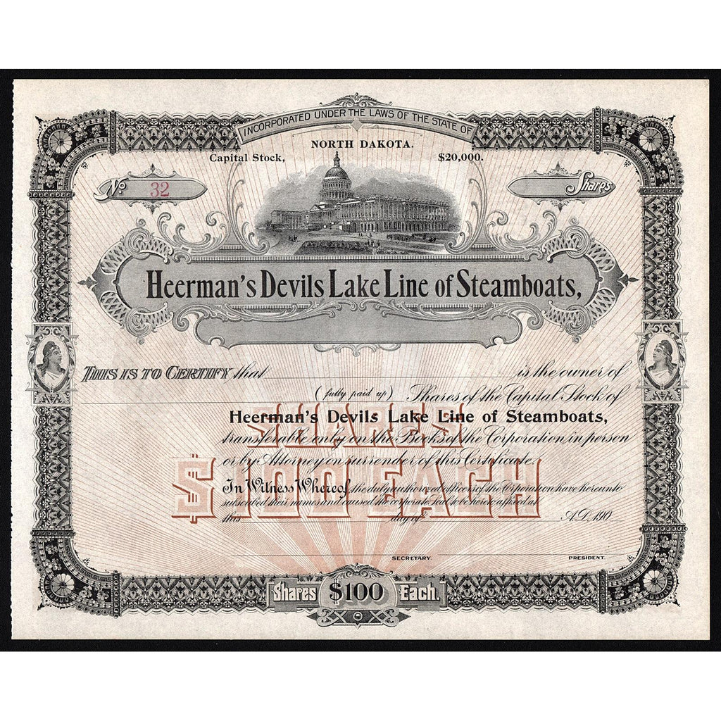 Heerman’s Devils Lake Line of Steamboats North Dakota Stock Certificate