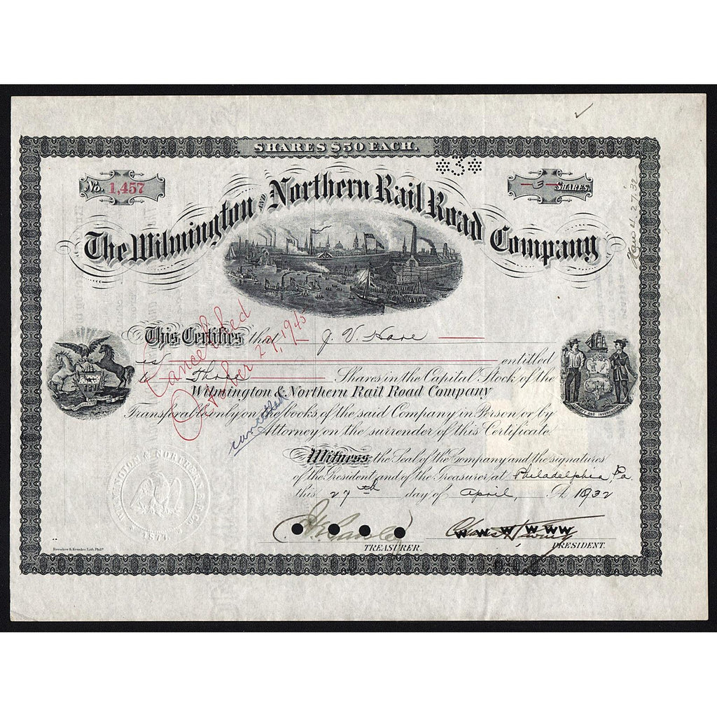 The Wilmington and Northern Rail Road Company Stock Certificate