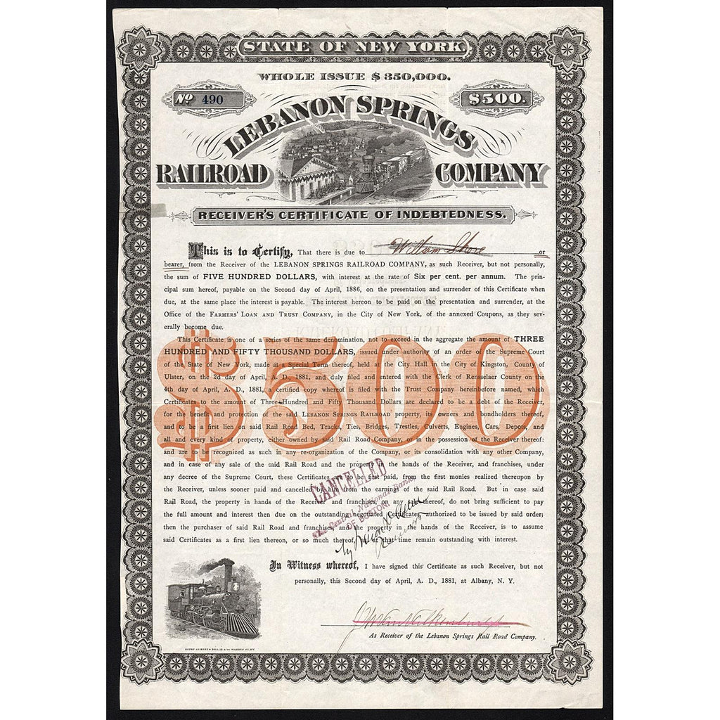 Lebanon Springs Railroad Company 1881 Albany New York
