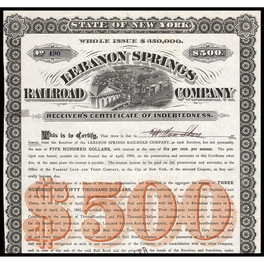Lebanon Springs Railroad Company 1881 Albany New York