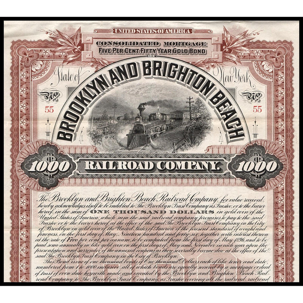 Brooklyn and Brighton Beach Railroad Company 1896 Gold Bond