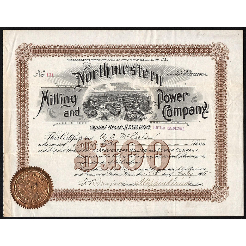 Northwestern Milling and Power Company 1895 Spokane Washington Stock Certificate