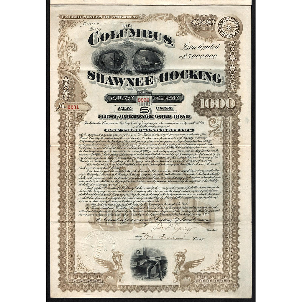 The Columbus, Shawnee and Hocking Railway Company 1890 Gold Bond