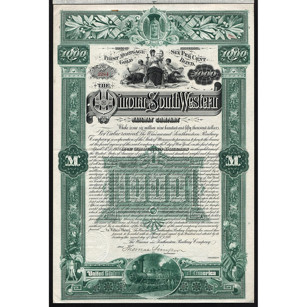 Winona and Southwestern Railway 1888 Minnesota Gold Bond