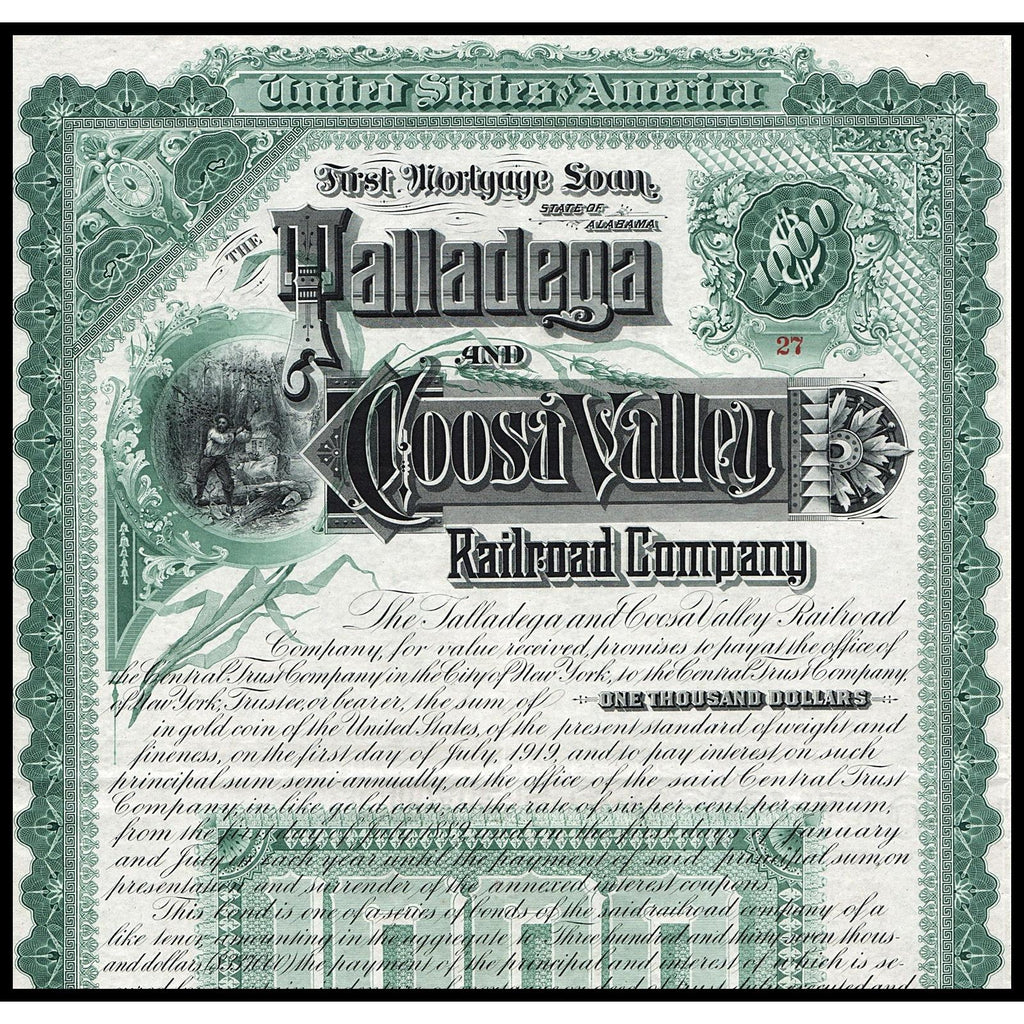 The Talladega and Coosa Valley Railroad Company 1889 Alabama Gold Bond
