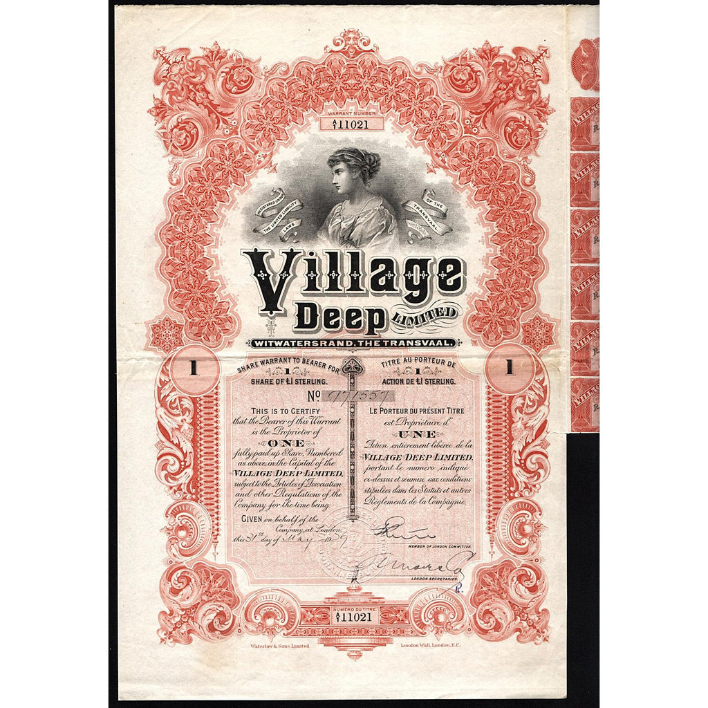 Village Deep Limited, Witwatersrand, The Transvaal 1929 South Africa Warrant