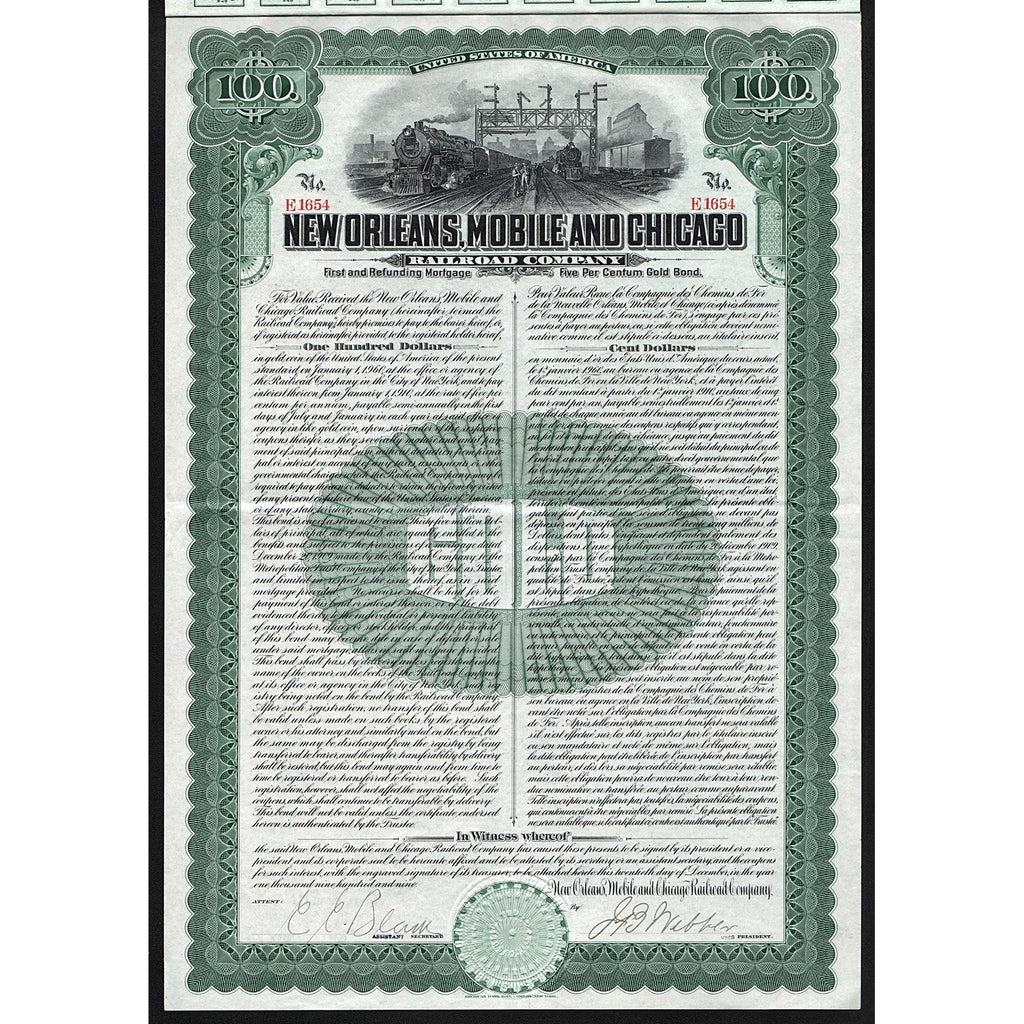 New Orleans Mobile and Chicago Railroad Company 1909 Gold Bond Certificate