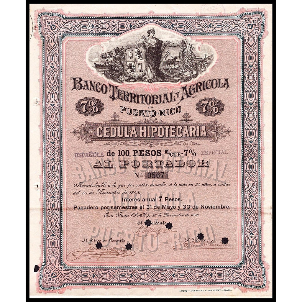 Banco Territorial y Agricola de Puerto-Rico 1895 Bond Certificate