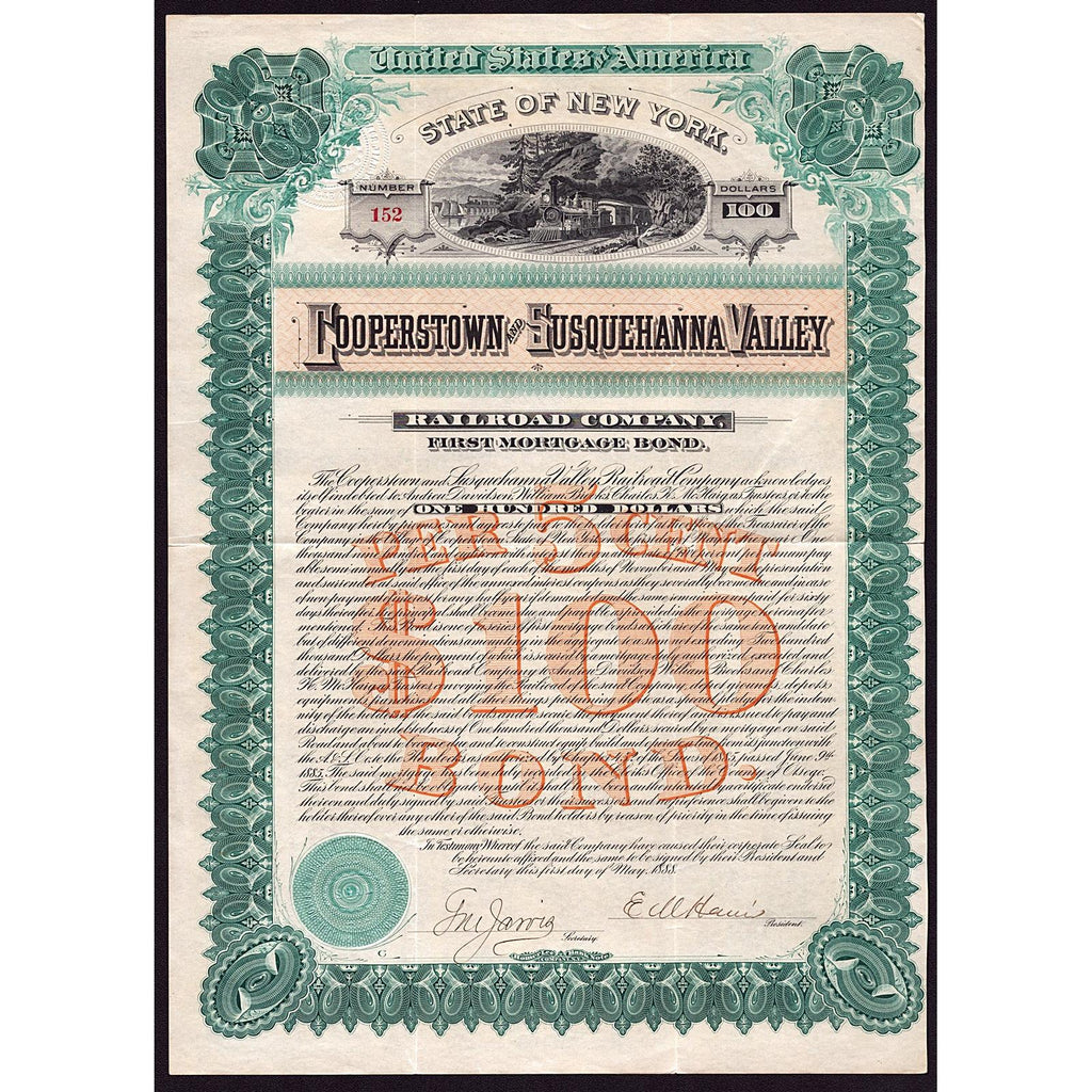 Cooperstown and Susquehanna Valley Railroad Company 1888 Bond