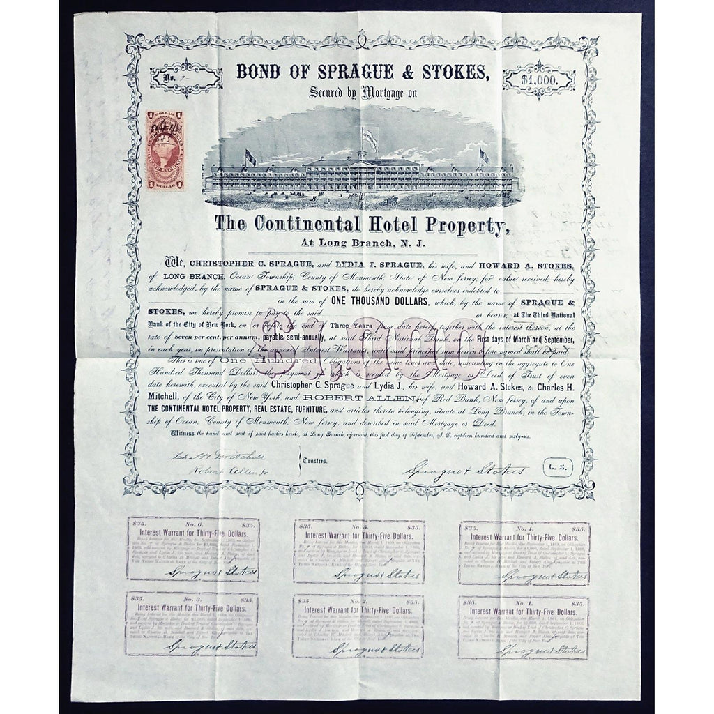 The Continental Hotel Property 1866 New Jersey Bond