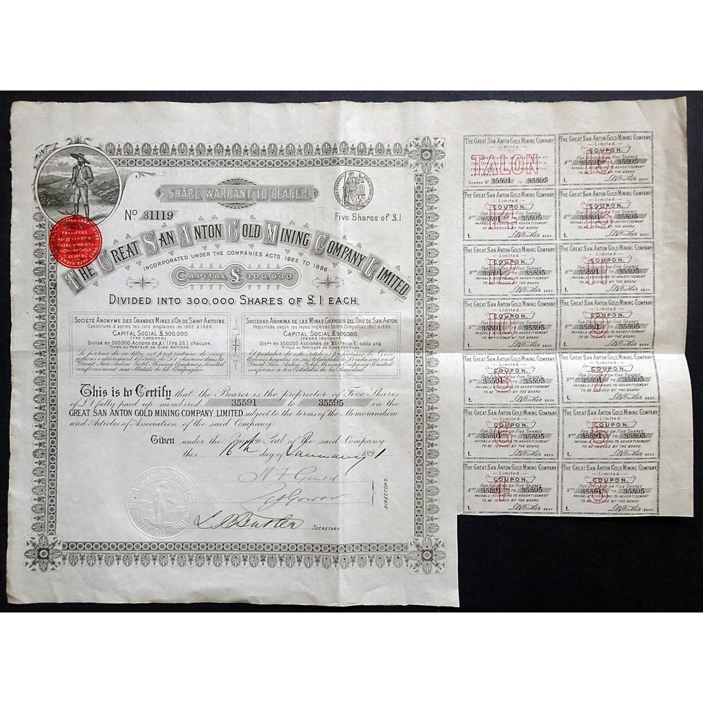 Great San Anton Gold Mining Company Limited 1891 Stock Certificate Mexico