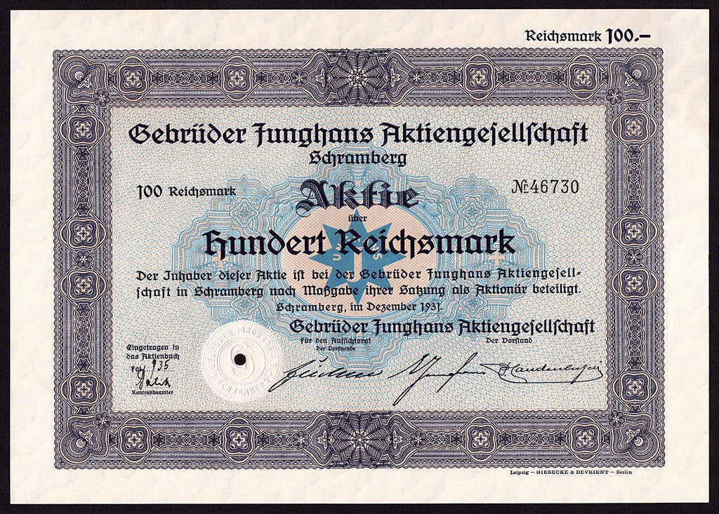 Gebrüder Junghans Aktiengesellschaft Clocks & Watches Stock Certificate