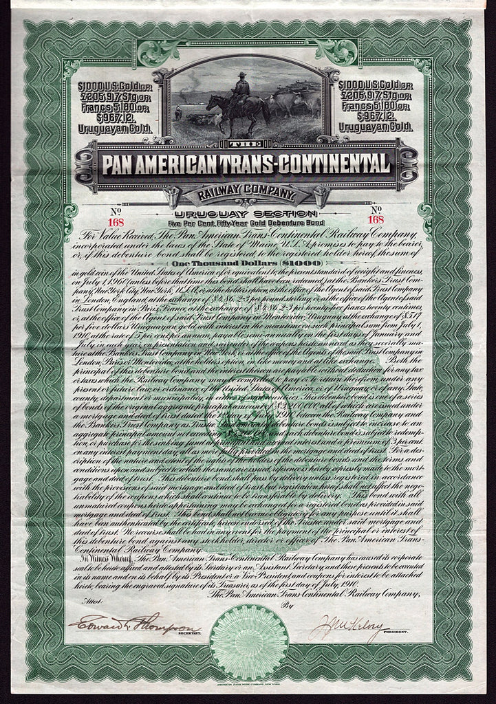 The Pan American Trans-Continental Railway Company 1910 Uruguay Gold Bond