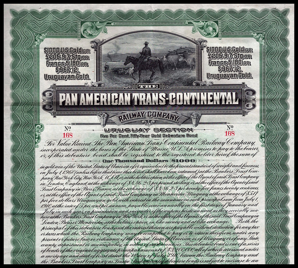 A vintage Pan American Trans-Continental Railway Company stock certificate for the Uruguay Section, featuring ornate green and black printing with an illustration of a horse rider on a landscape scene at the top.