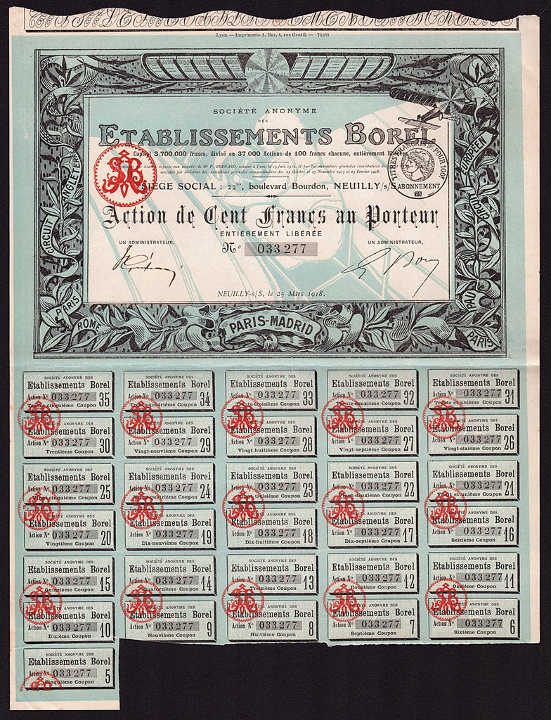 Etablissements Borel (Cockpit Vignette) 1918 Aviation Stock Certificate