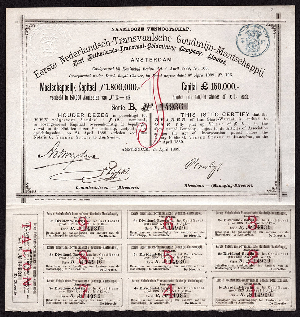 Naamlooze Vennootschap Eerste Nederlandsch-Transvaalsche Goudmijn-Maatschappij Stock Certificate