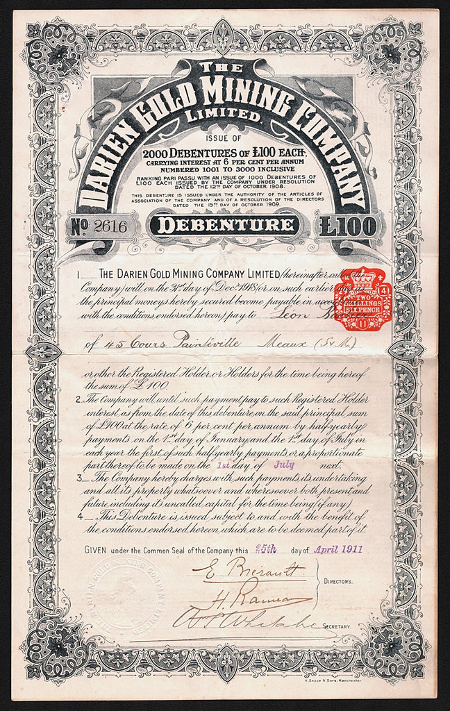 The Darien Gold Mining Company Limited 1911 Bond Certificate Panama Colombia
