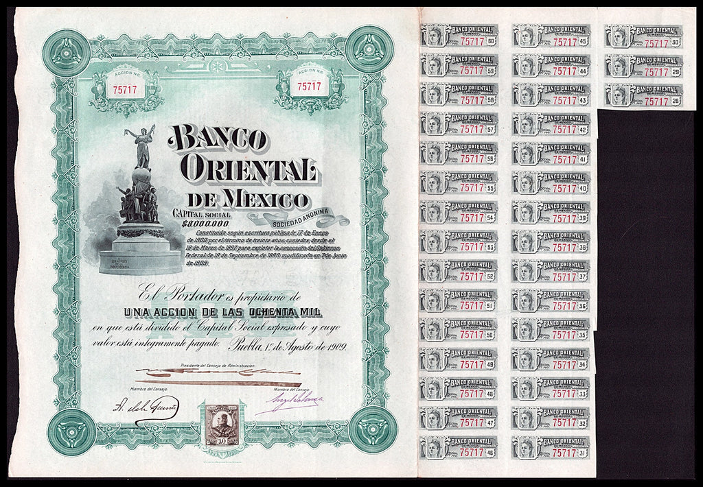 A vintage Banco Oriental de Mexico stock certificate page with ornate green border printing, shown alongside a sheet of matching printed stock tickets on a black background.