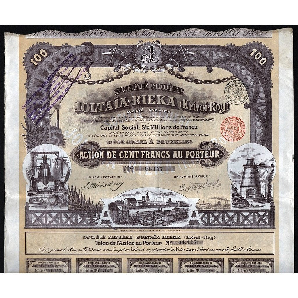 Societe Miniere Joltaia-Rieka (Krivoi-Rog) Ukraine Stock Certificate