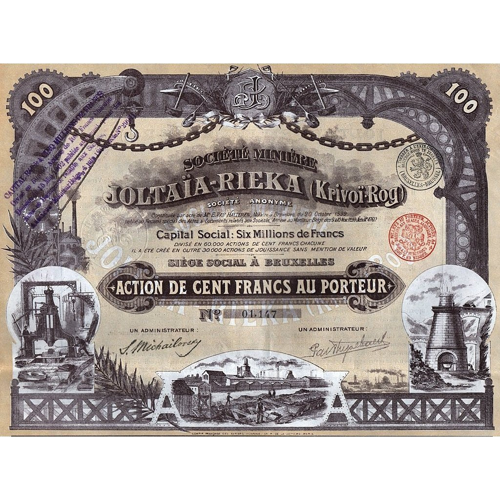 Societe Miniere Joltaia-Rieka (Krivoi-Rog) Societe Anonyme Stock Certificate